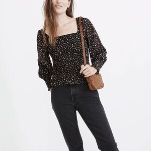 Madewell Black Floral Bubble Sleeve Smock Top size M